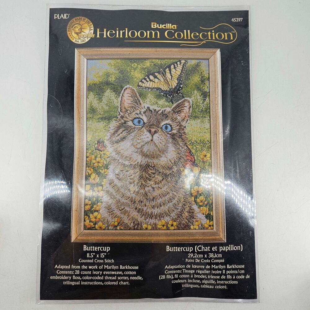 Rare Bucilla Heirloom Collection Cross Stitch Kit Buttercup Kitty Cat Butterfly